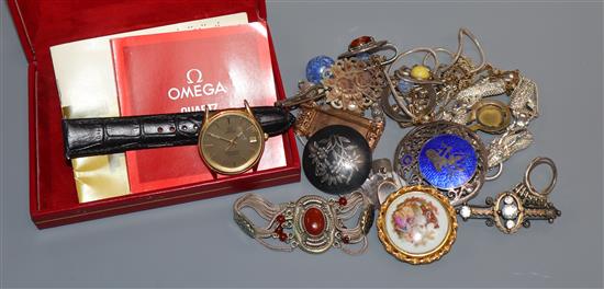 Costume jewellery including Tiffany and Pandora silver rings, bracelets, etc., and an Omega quartz wristwatch